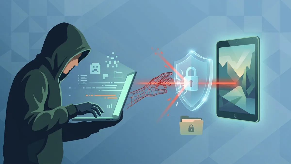 hacker stealing digital artwork concept with a shield protecting the original file