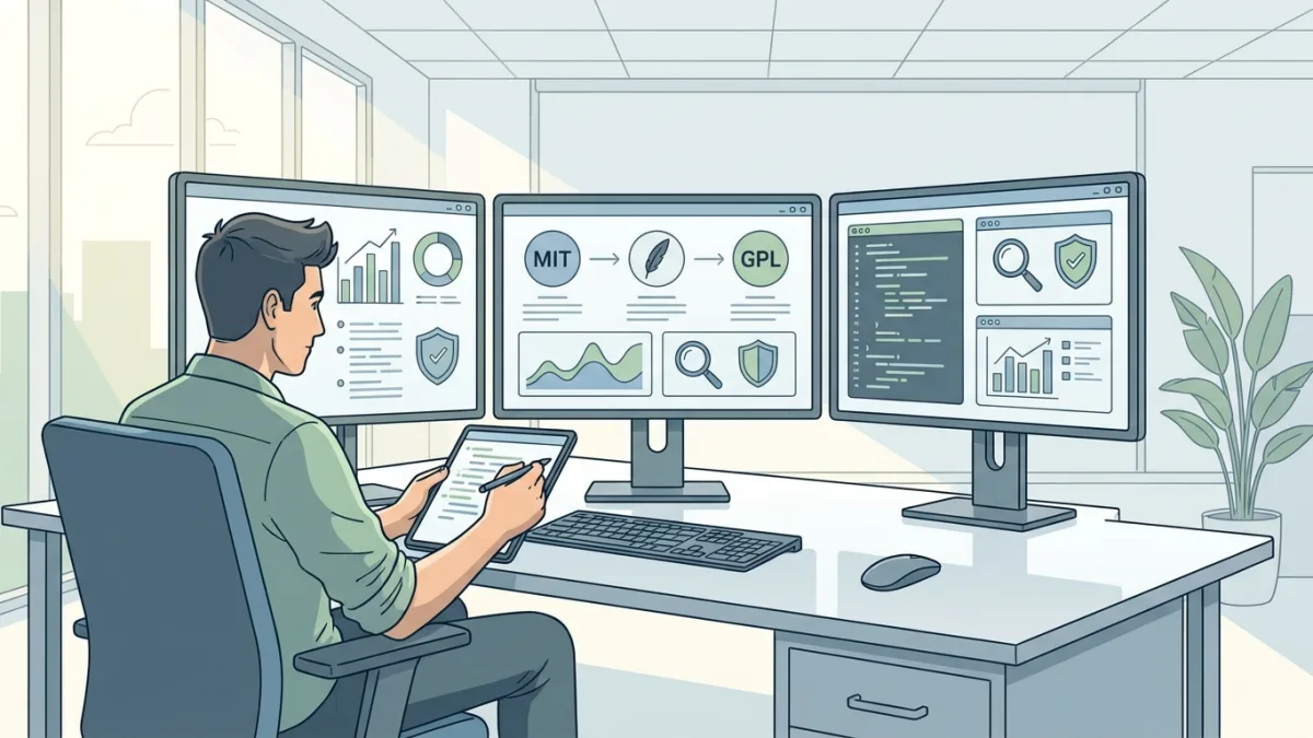 Developer analyzing open source licenses on multiple computer screens