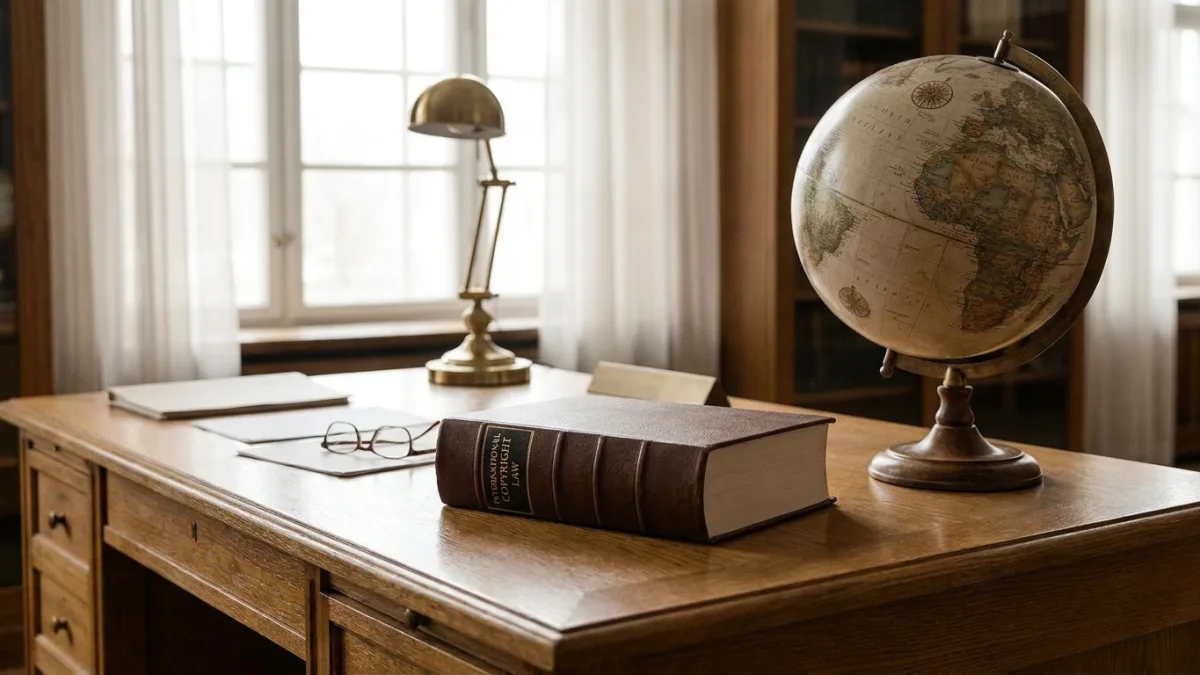 international copyright law book and globe on a wooden desk, soft lighting, professional photography