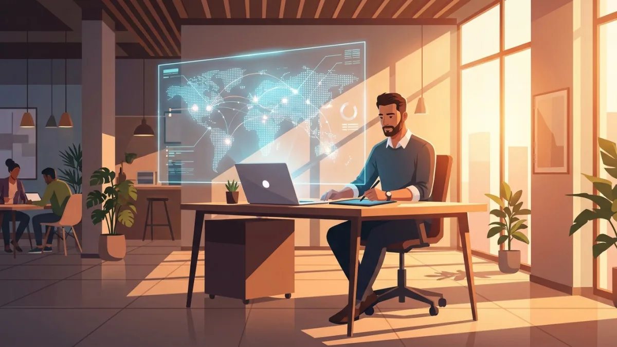 digital creator working on a laptop with a world map overlay, modern office, cinematic lighting