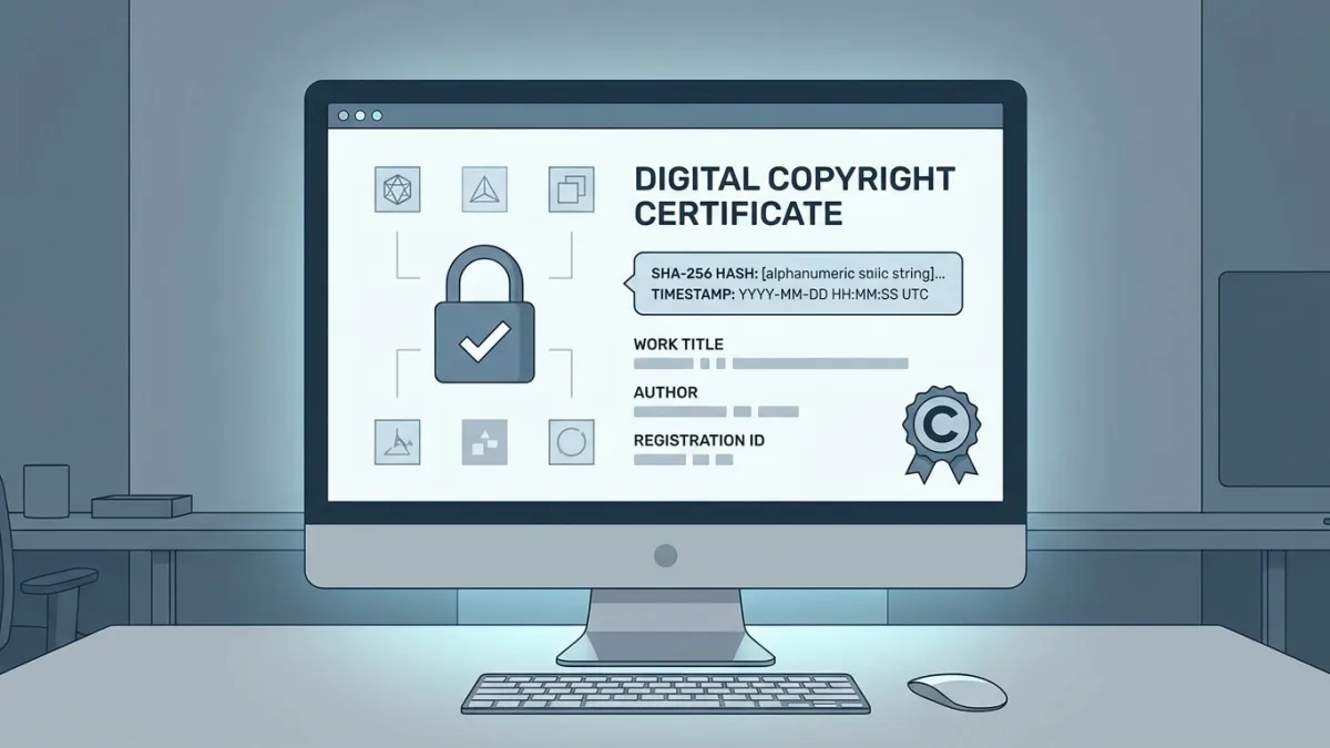 Digital copyright certificate with SHA-256 hash and timestamp on a computer screen