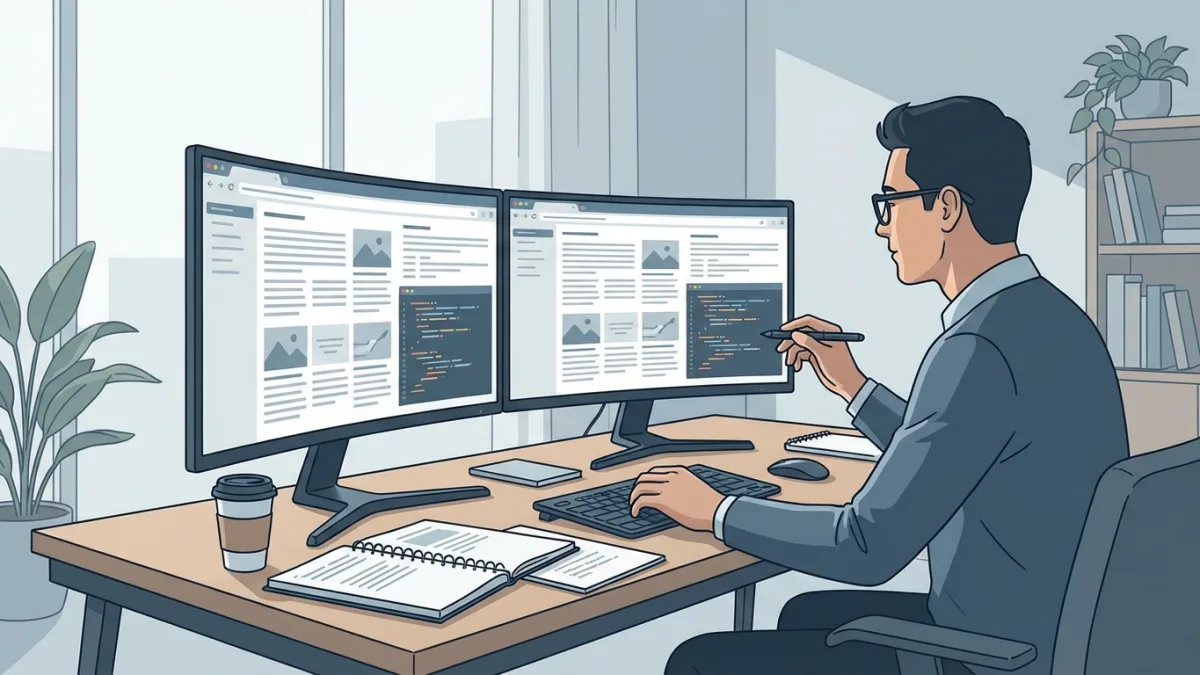 A person looking at two identical website layouts on dual computer monitors, analyzing code and text for plagiarism, modern office setting, professional digital art