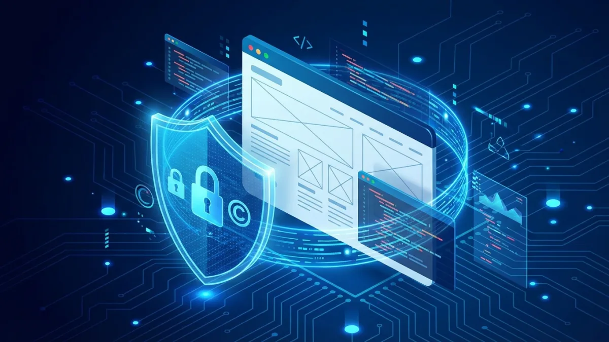 A glowing digital shield protecting a modern website interface, symbolizing copyright and intellectual property protection on the internet, dark blue background with cyber elements