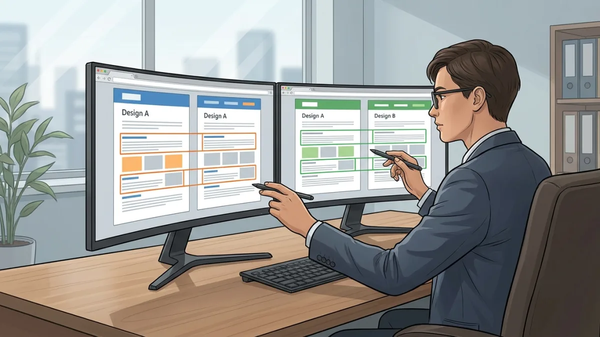 A professional analyzing two computer screens side by side, comparing website designs to detect plagiarism, modern office setting, realistic