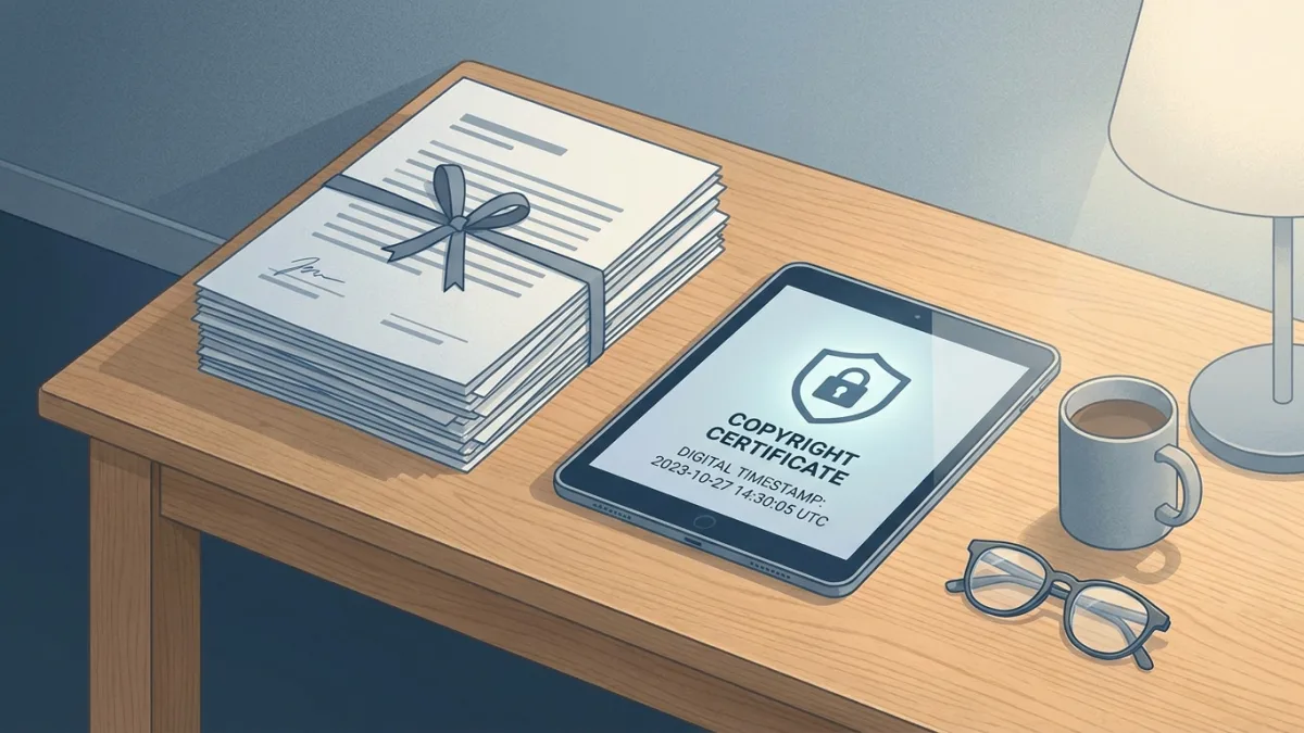 Legal documents and a digital tablet showing a copyright certificate with a digital timestamp, placed on a wooden desk, soft lighting