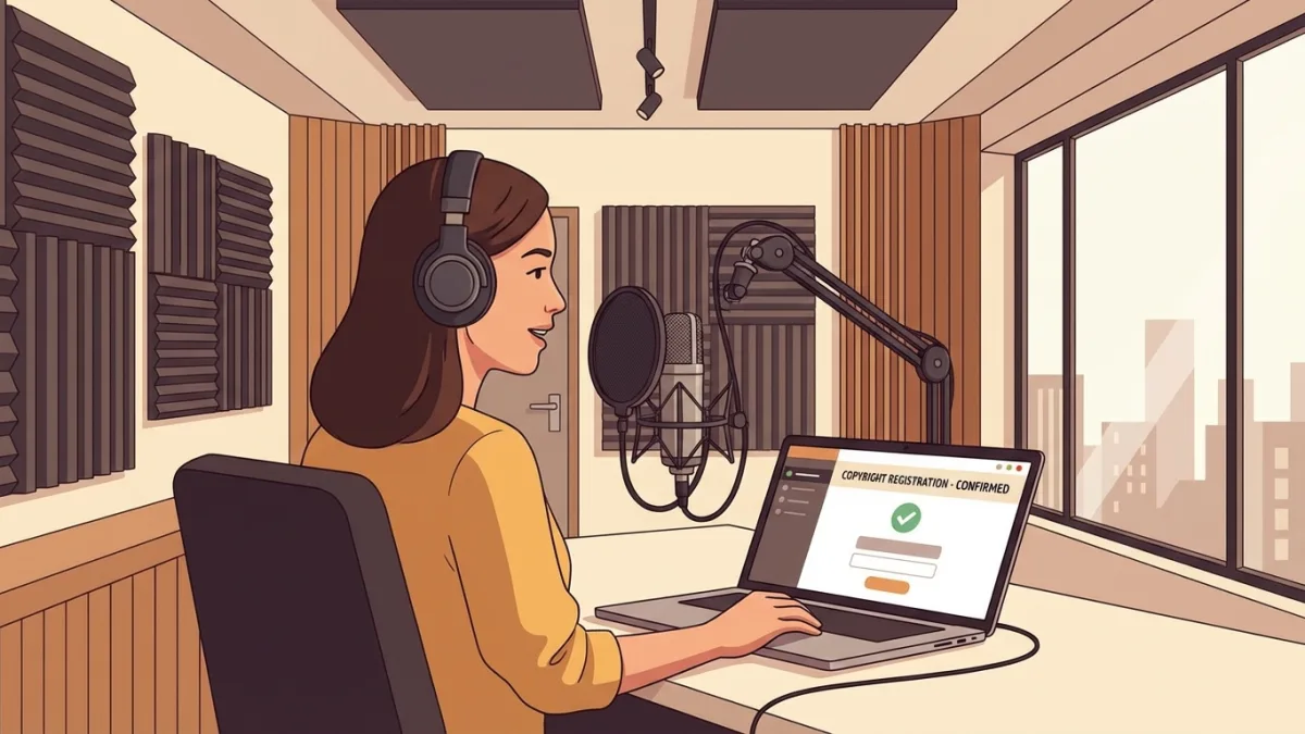A podcaster recording in a studio with a laptop displaying copyright registration