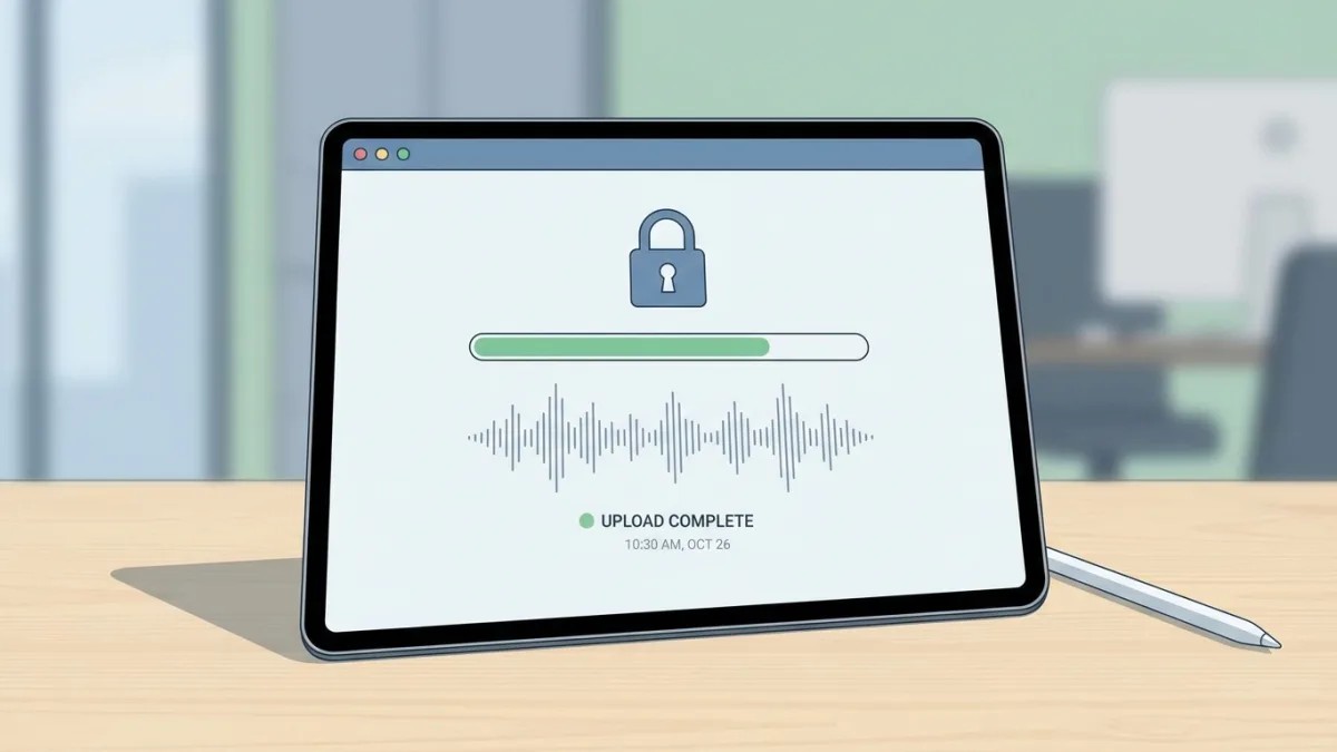 A digital tablet showing a secure audio file upload with a timestamp