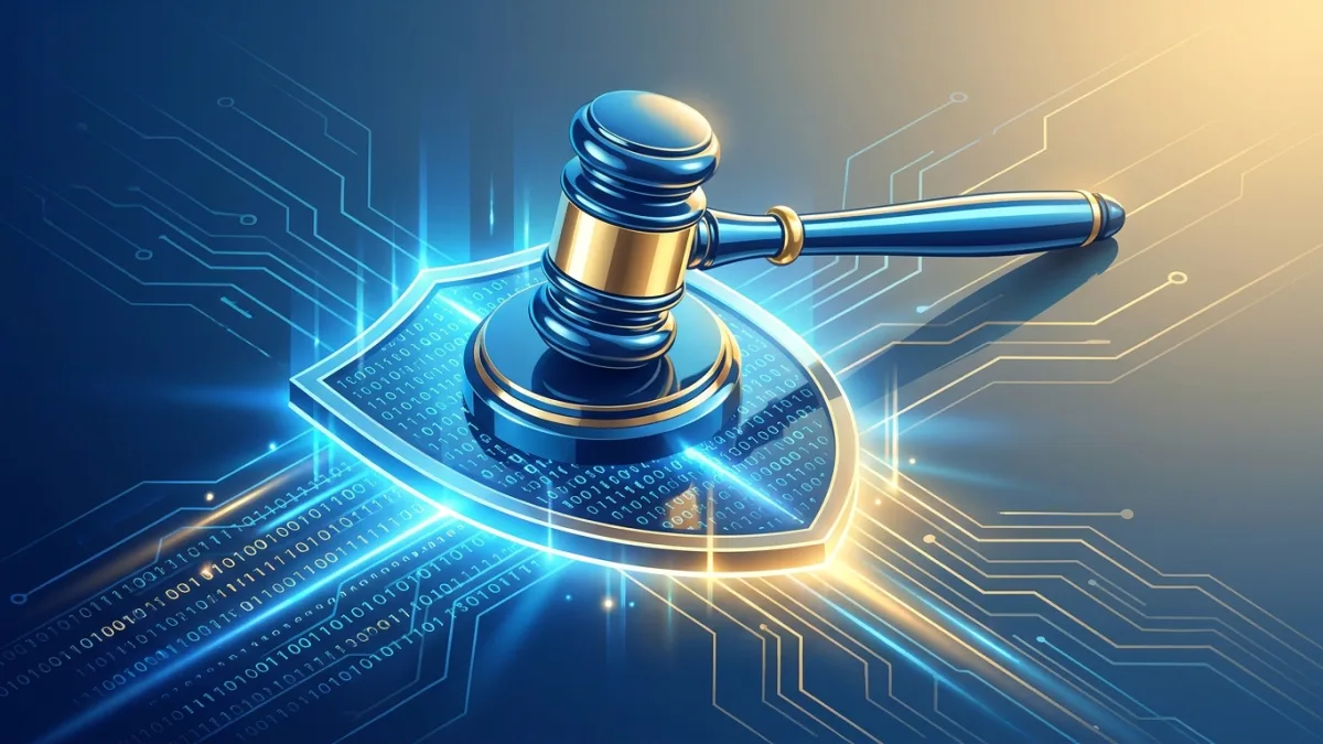 digital copyright law concept with a judge gavel, digital glowing shield, and binary code, modern blue and gold lighting