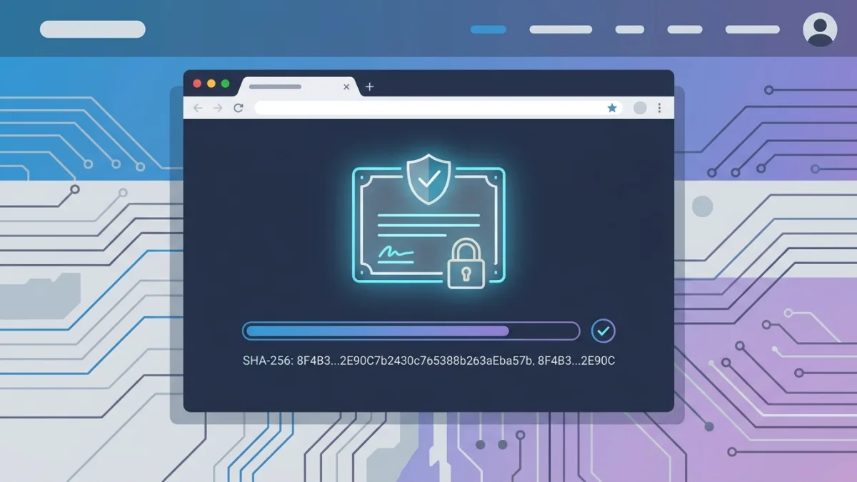 online platform interface concept showing a digital certificate with a SHA-256 hash, modern flat design, secure technology theme