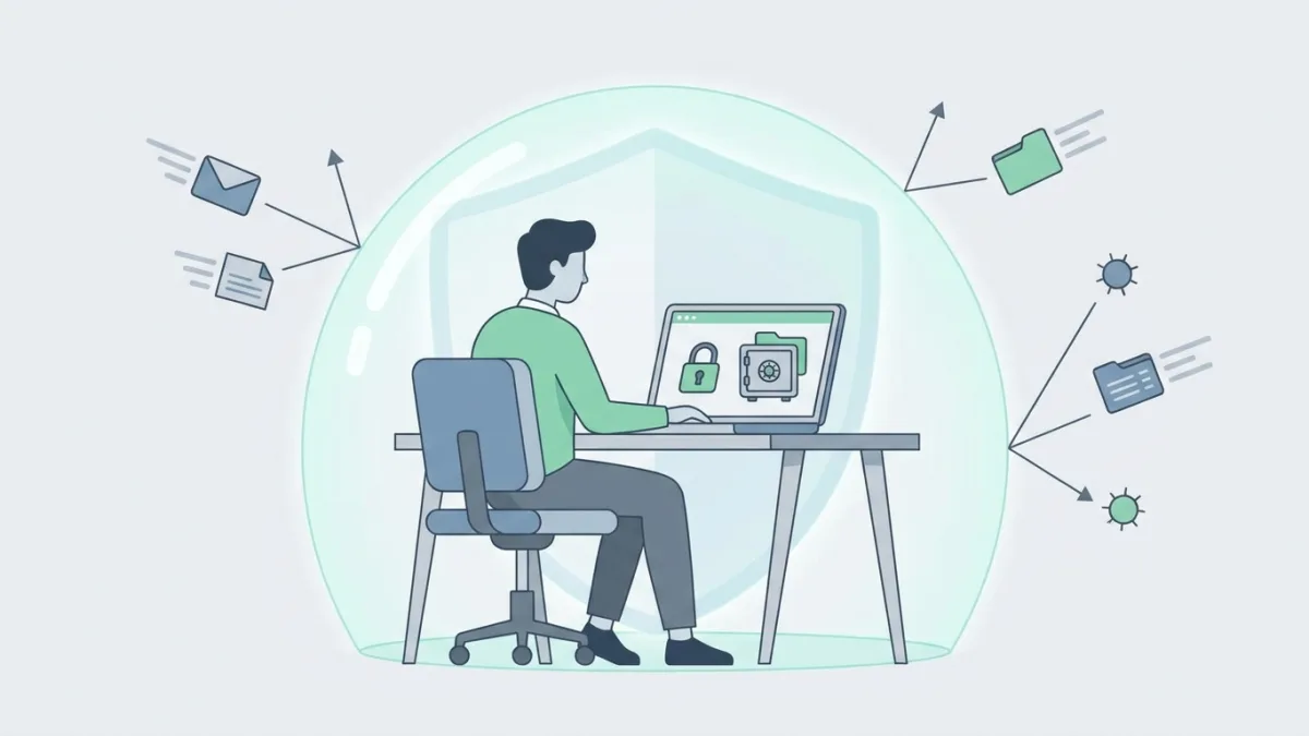 freelancer working on laptop protecting digital files