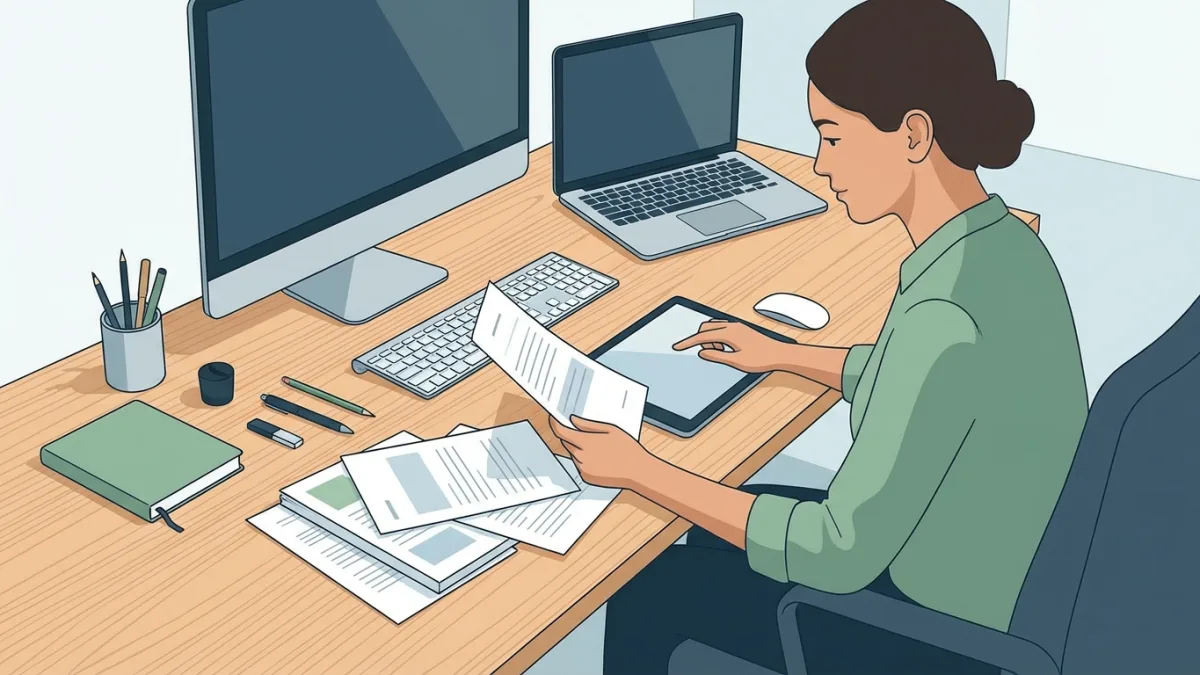 A person comparing different digital and physical documents on a modern office desk