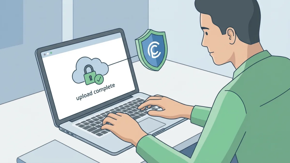 A creator using a laptop to upload files to a secure online copyright platform