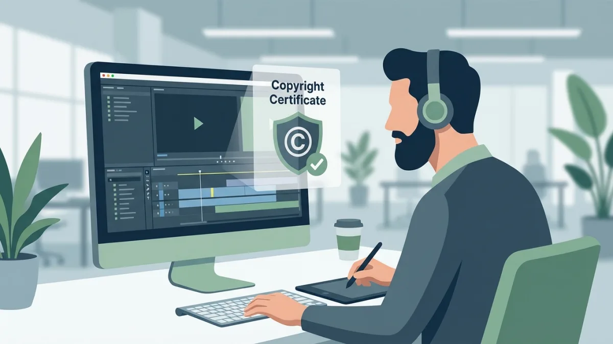 Digital creator editing a video for YouTube with a copyright certificate overlay