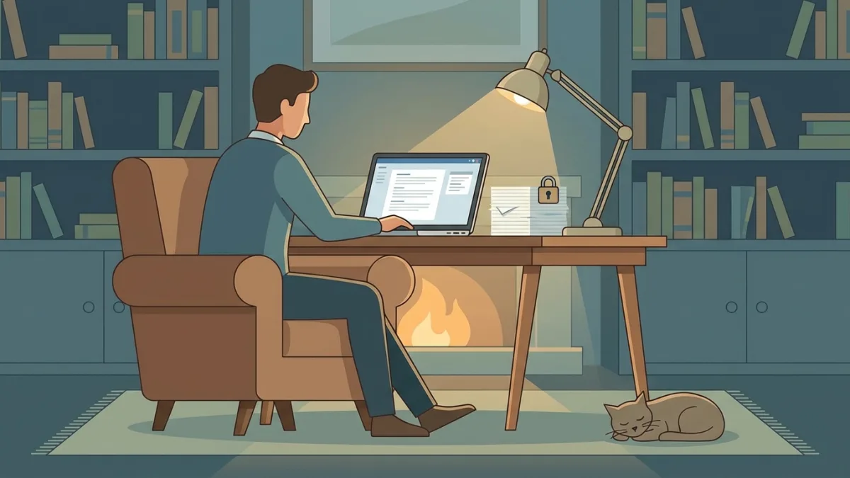 Author typing on a laptop in a cozy, dimly lit study room, securing their manuscript