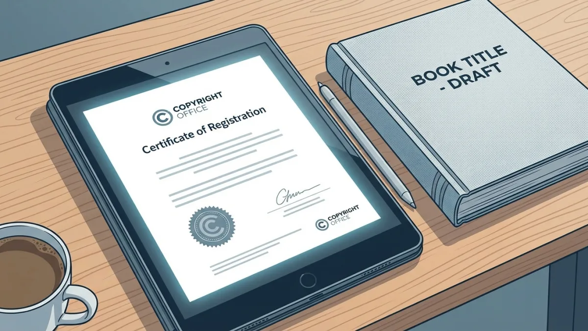 Close-up of a digital tablet showing a copyright registration certificate next to a printed book draft