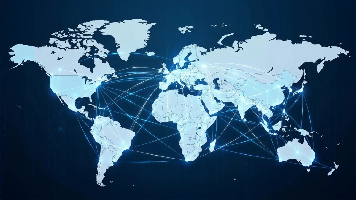 A world map highlighting 181 countries connected by glowing digital lines representing international copyright protection