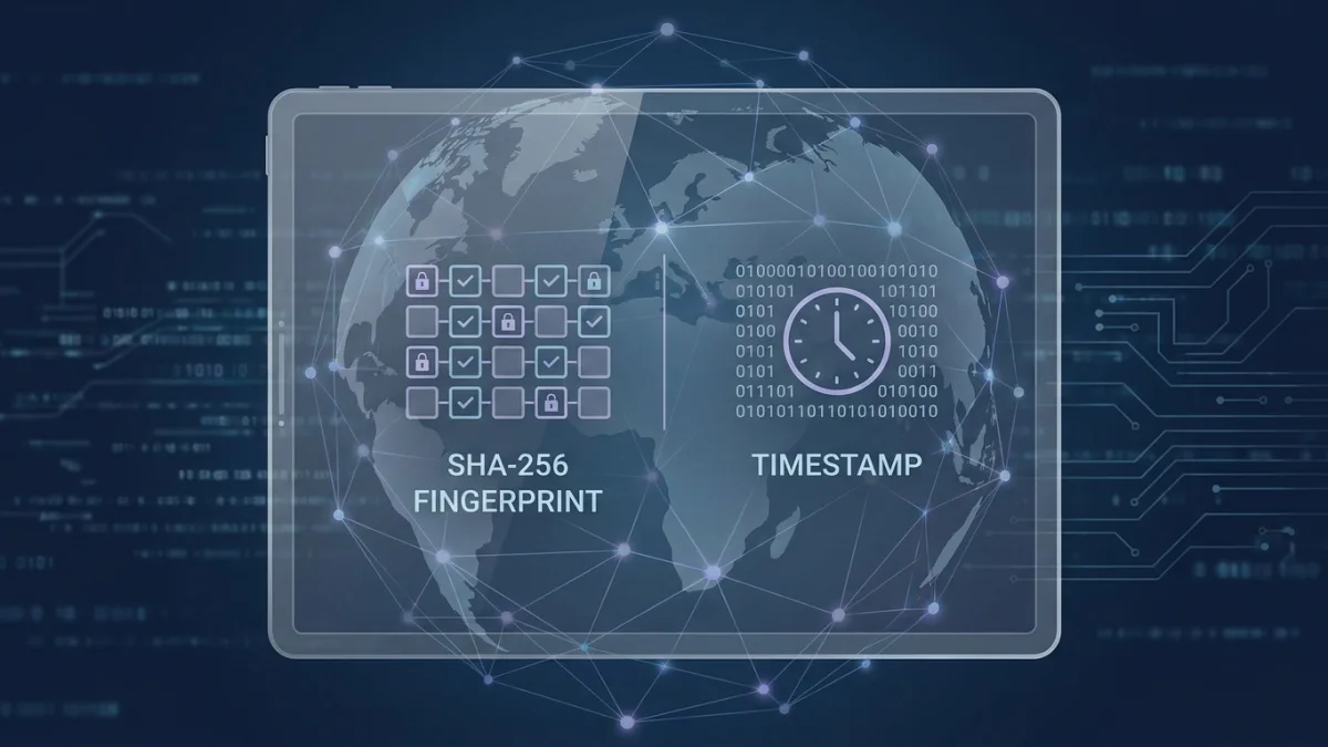 A digital PDF certificate displaying a SHA-256 fingerprint and a timestamp over a secure global network background