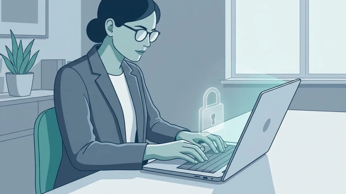 Author typing on laptop with digital lock icon overlay