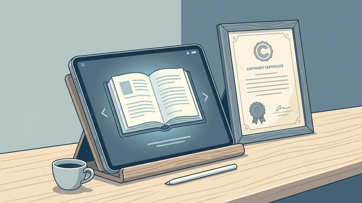 Tablet displaying an ebook next to a copyright certificate document
