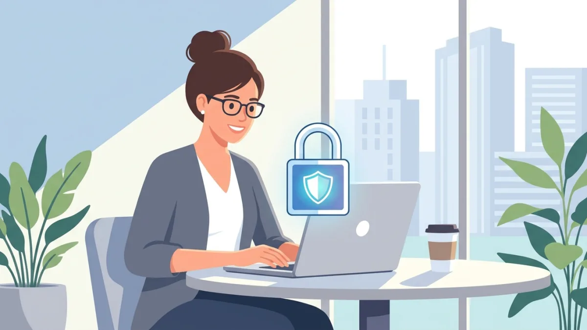 Freelancer working on a laptop with a digital lock icon protecting their screen