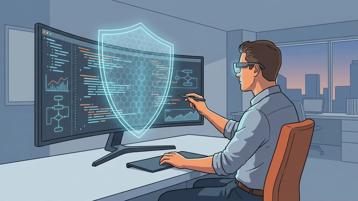 A professional developer analyzing complex source code on a high-tech monitor with a digital shield overlay
