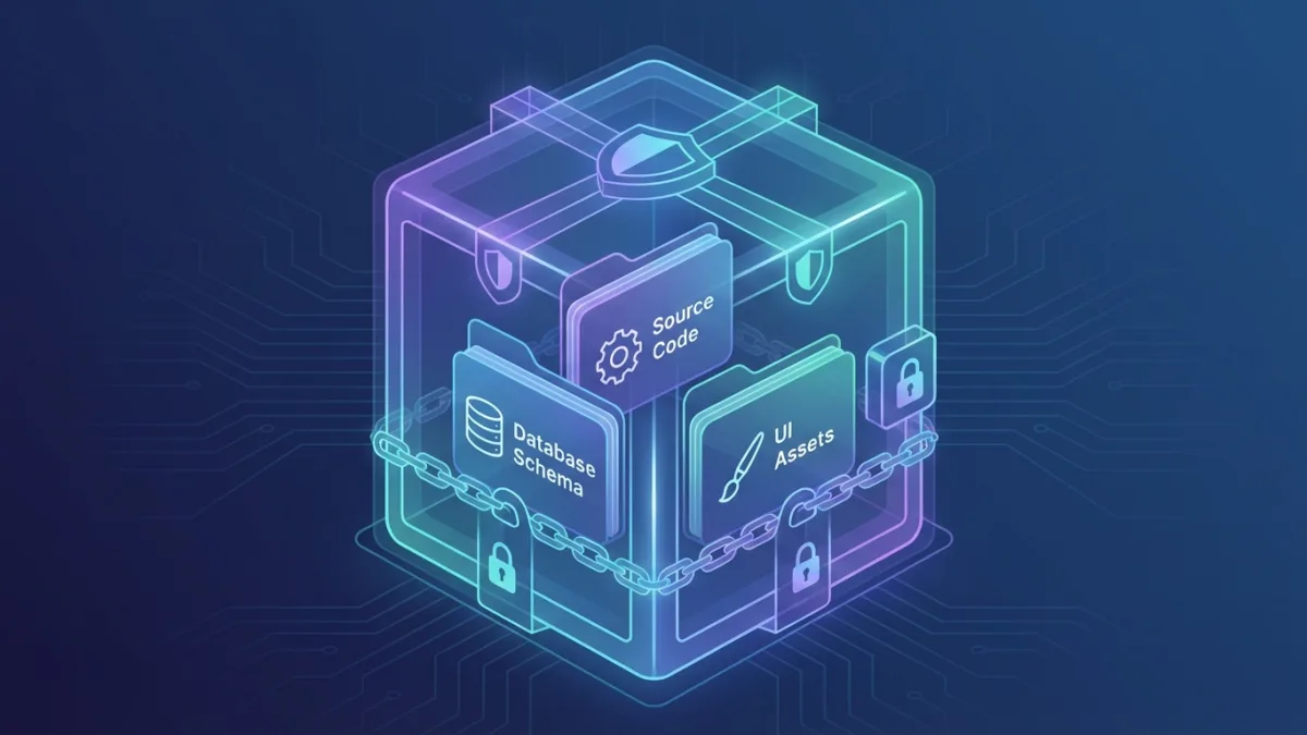 A visual representation of a digital vault securing folders labeled 'Source Code', 'Database Schema', and 'UI Assets'