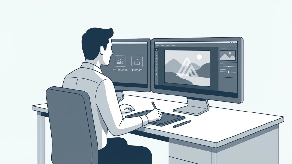 Professional photographer editing photos with watermark software