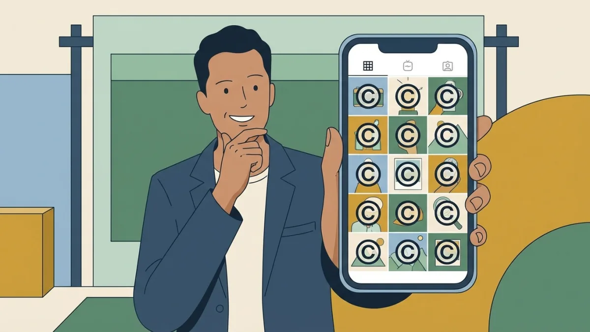 A creator holding a smartphone showing an Instagram grid with a copyright symbol overlay