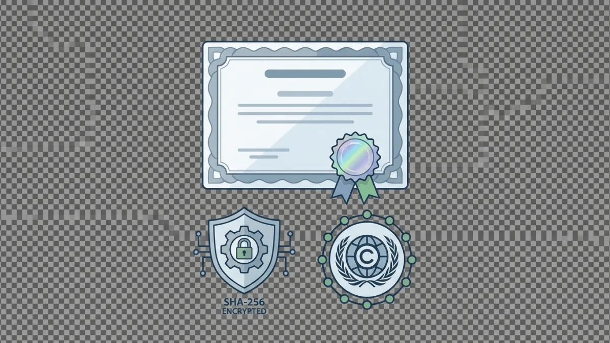 A digital certificate with SHA-256 encryption icons and a globe representing the Berne Convention