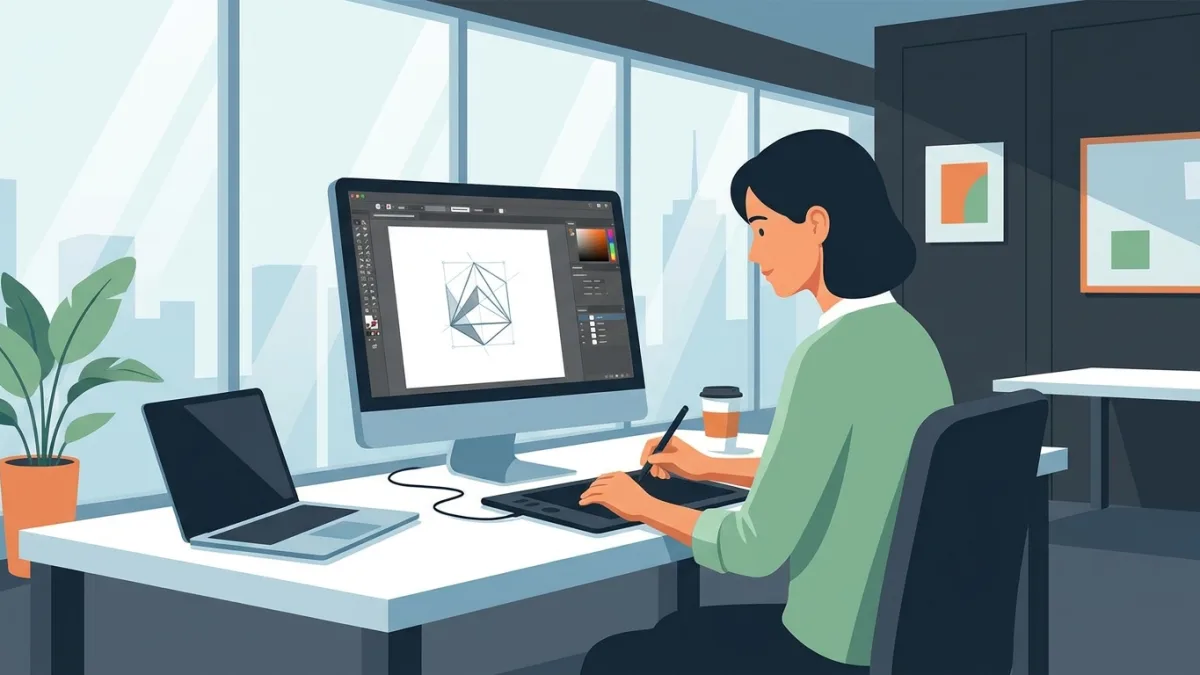 A graphic designer working on a logo design on a digital tablet