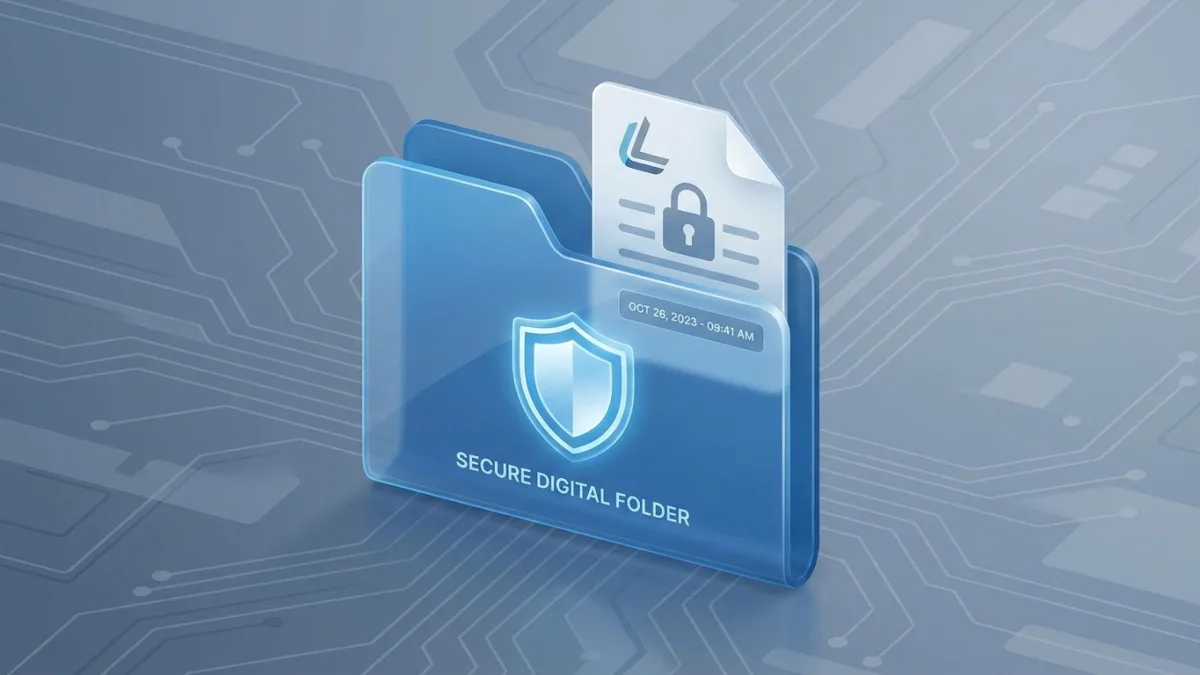 A secure digital folder showing a protected logo file with a timestamp