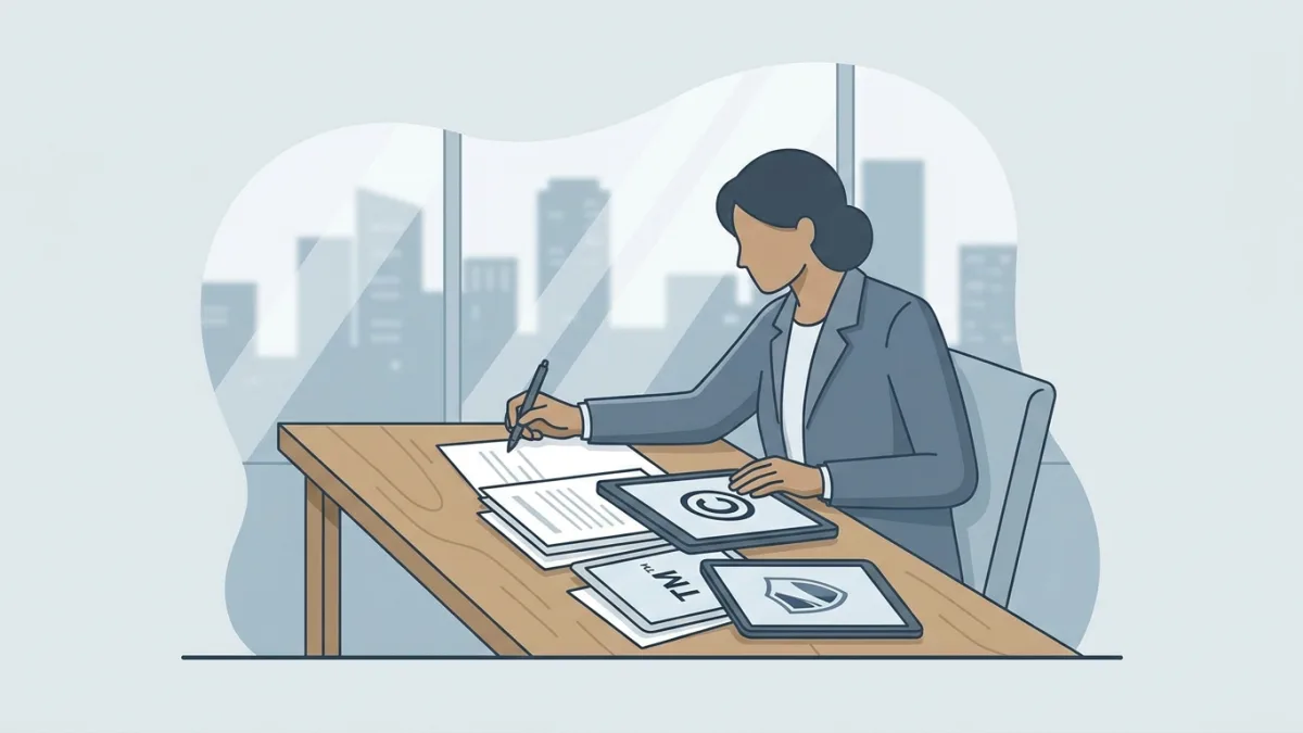 business owner reviewing logo trademark and copyright documents