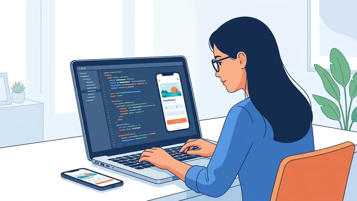 Developer coding a mobile app interface on a laptop with a smartphone nearby