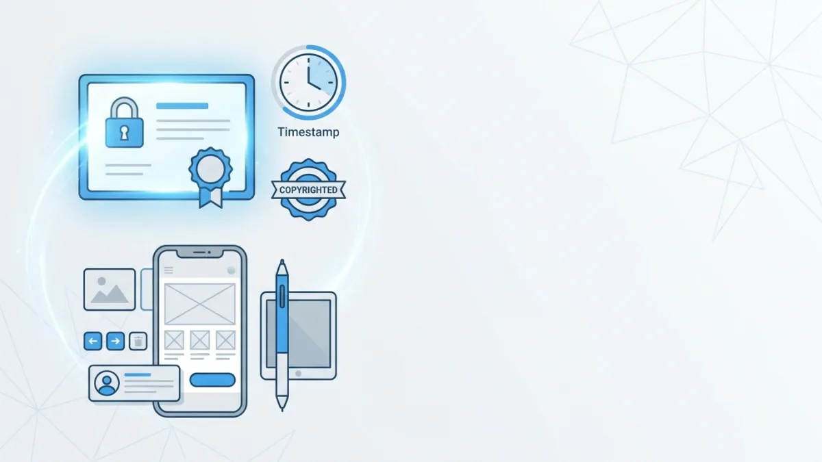 Digital copyright certificate with timestamp and mobile app design assets