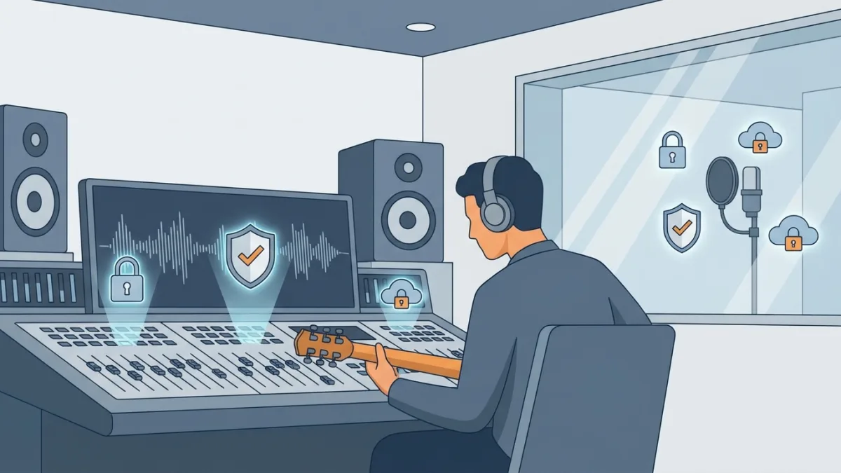 musician recording in studio with digital protection icons