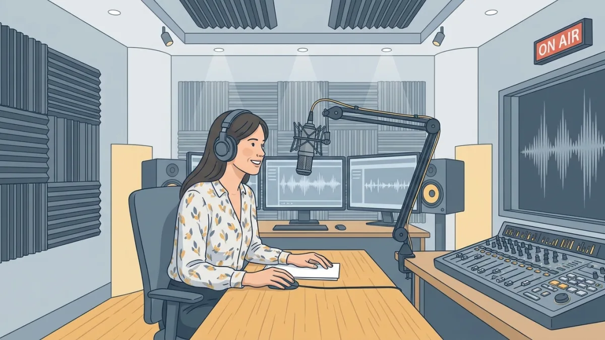 Podcast creator recording audio in a professional studio with microphone