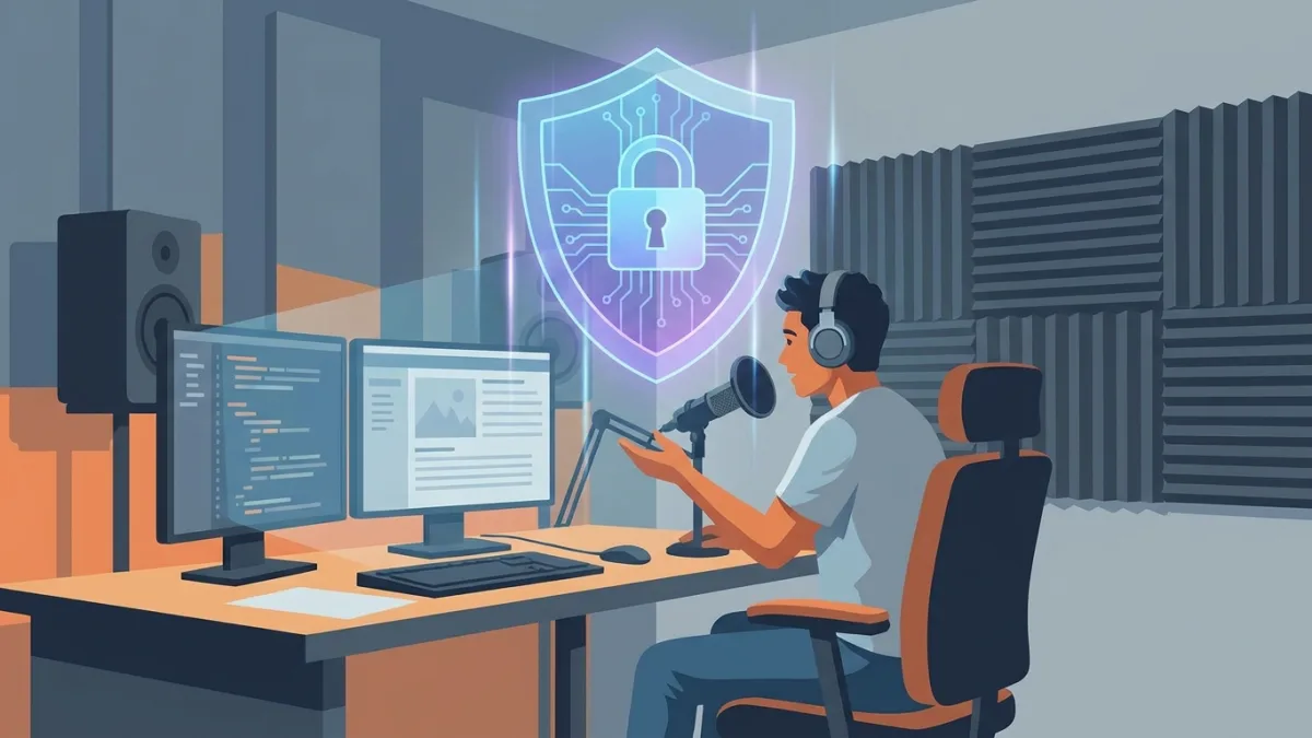 A podcaster recording audio in a modern studio with a glowing digital shield overlay representing copyright protection