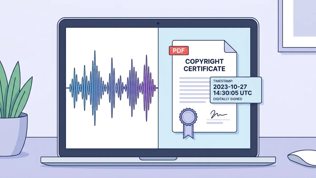 A laptop screen showing an audio waveform next to a PDF copyright certificate with a digital timestamp