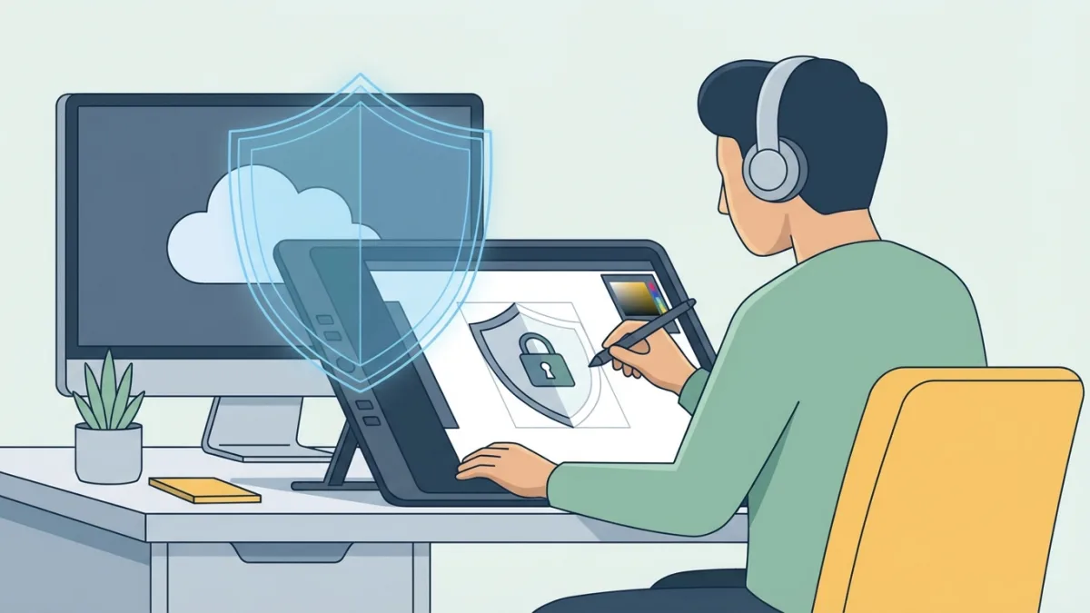 graphic designer creating an illustration with a digital tablet and protecting it online