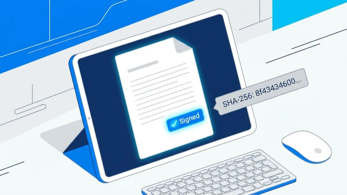 legal document with digital signature and SHA-256 code