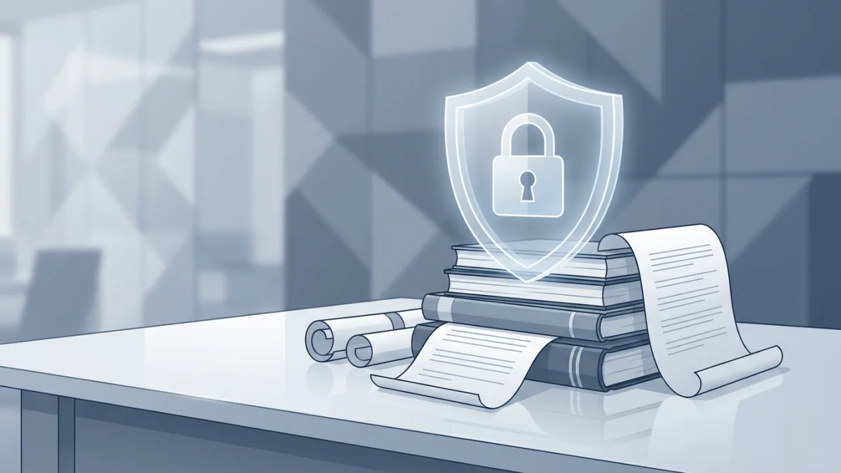 A digital security shield over a stack of written documents and books