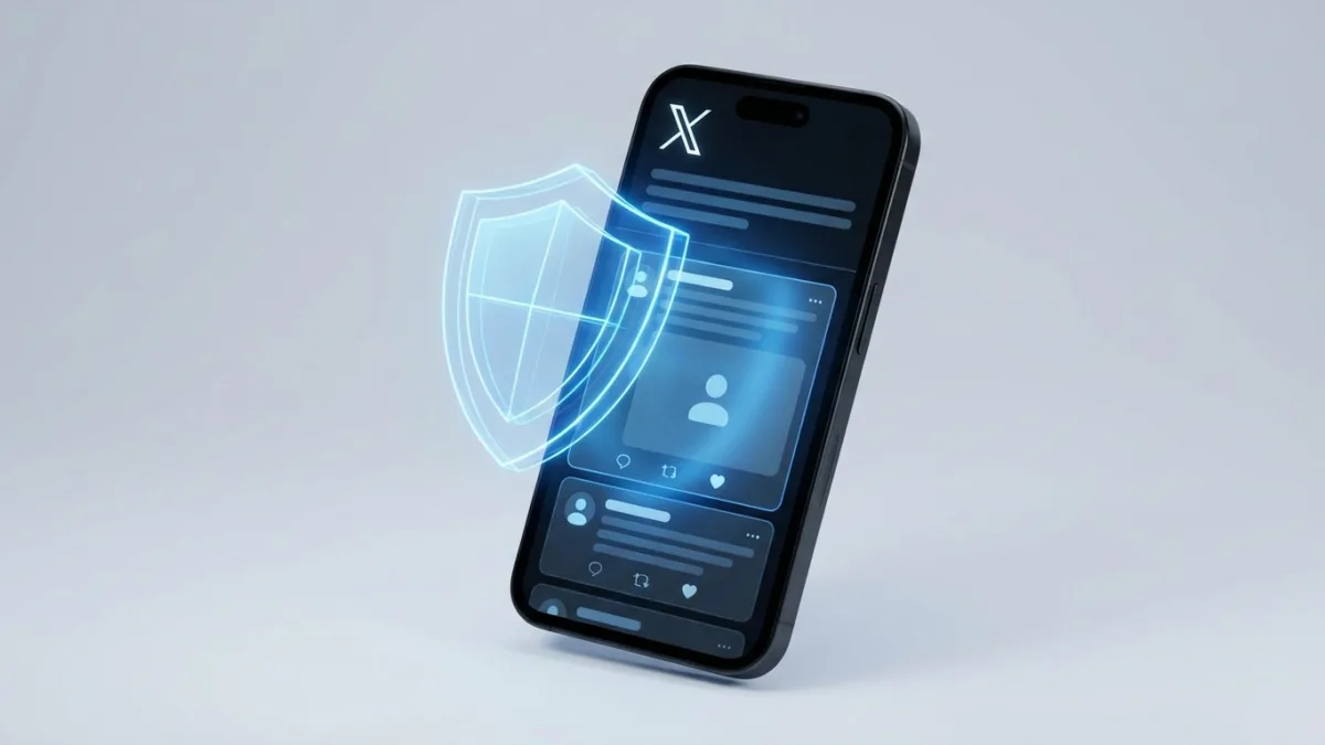 A digital shield protecting a smartphone displaying the X logo and viral tweets