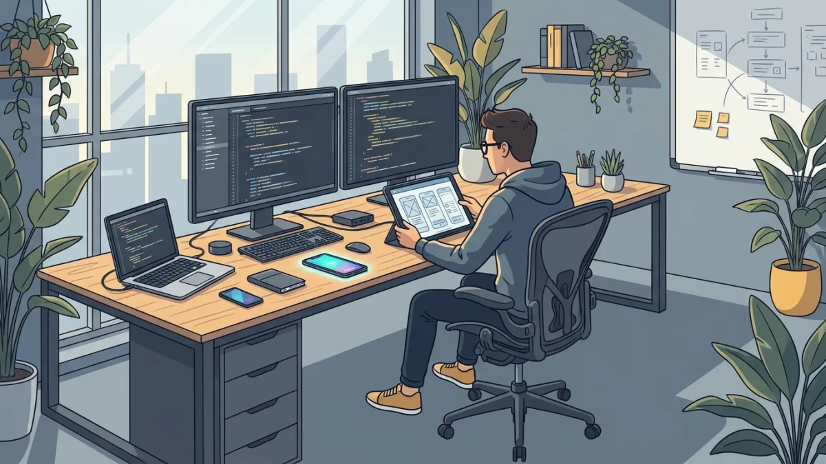 A mobile developer working on code and UI design on multiple screens, modern tech workspace