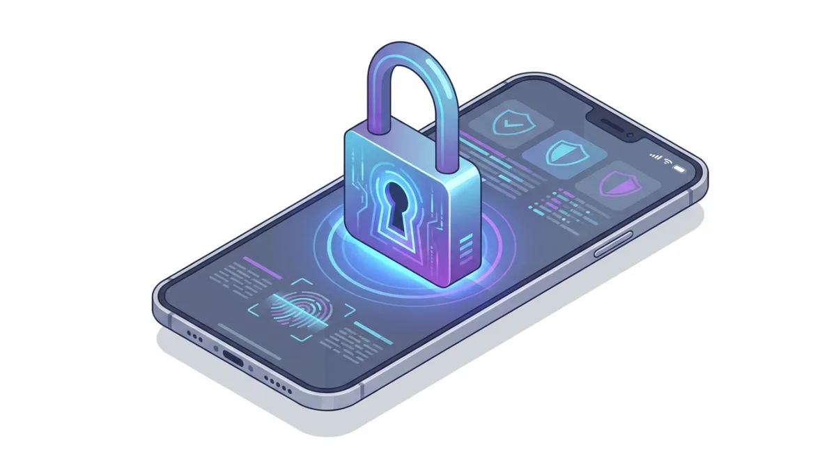 A digital padlock protecting a smartphone displaying a mobile app interface, cyber security concept