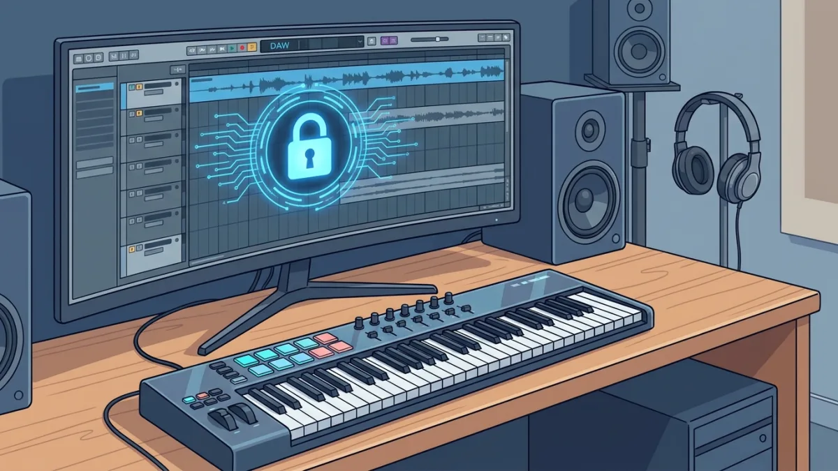 A modern music studio setup with a computer screen showing digital audio workstation software, a midi keyboard, and a glowing digital lock symbol representing copyright protection