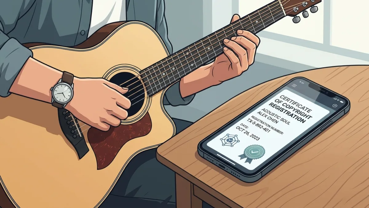 A close-up of a musician's hands playing an acoustic guitar while a smartphone on the table displays a digital certificate of copyright registration with a modern interface