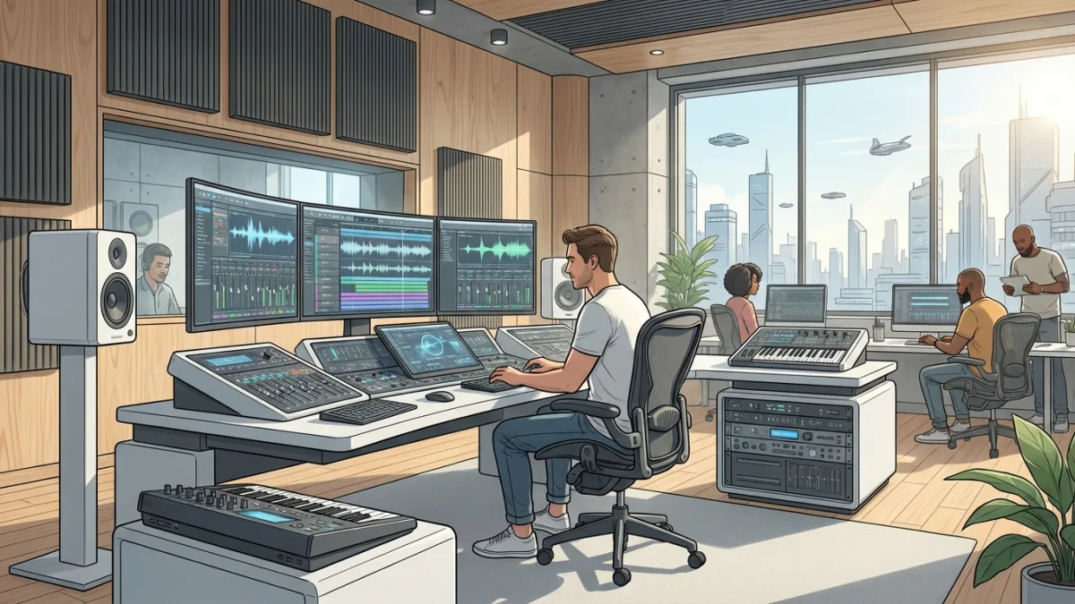 music producer working on a digital audio workstation in 2026 studio