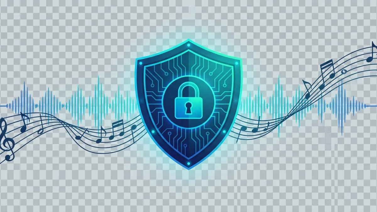 digital security shield over musical notes and waveforms