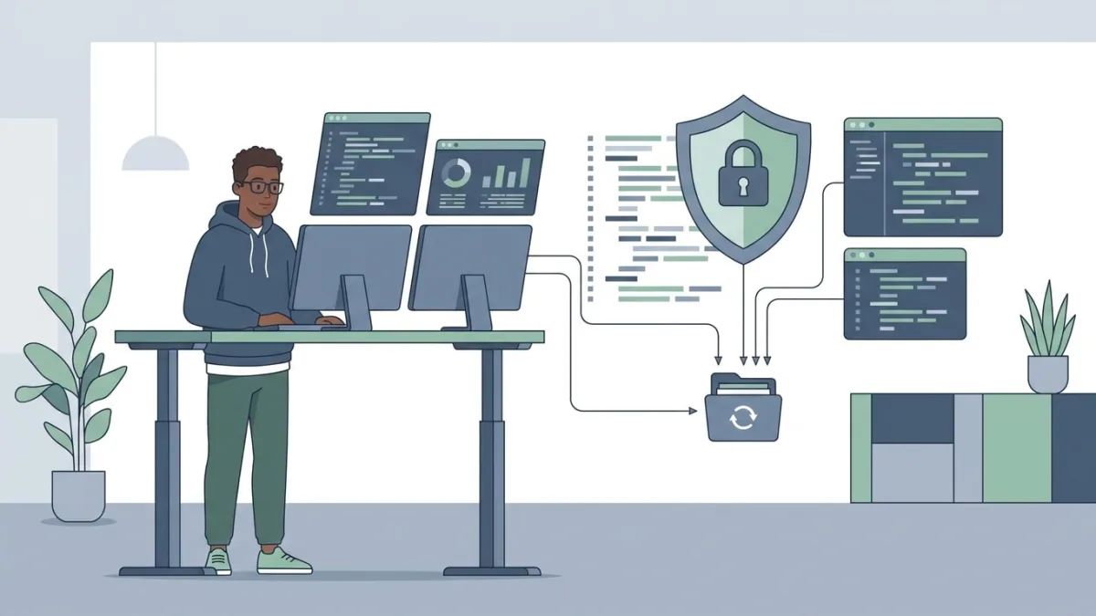 developer working on code repository with security shield