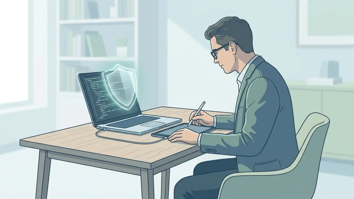 author writing an ebook on a laptop with a digital glowing shield